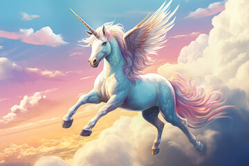 Unicorn on rainbow background. Fantasy unicorn in the sky.