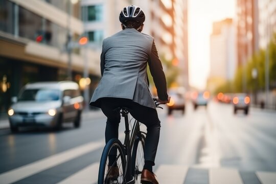 Businessman wearing helmet biking with bicycle on road in city to work