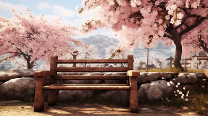 A charming wooden bench nestled among blossoming cherry trees.