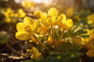 A bunch of yellow flowers that are in the dirt, winter aconite flowers.