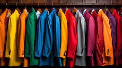 collection of men 's shirts on a wooden background. fashionable clothing.