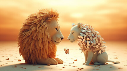 cute white lion with a little lion in the desert. 3 d illustration