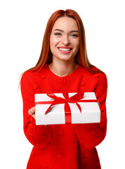Young woman in red sweater with gift box on white background. Christmas celebration