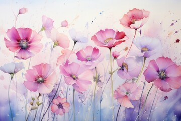 a vivid and expressive description of a scene featuring pink watercolor wildflowers