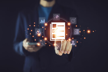 Documents management information system concept, Businessman using visual screen internet for Documents management information system and ERP program data directory in company, ERP document management © Suriyo