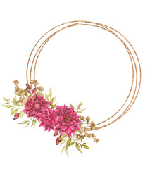 Golden round floral frame made of dahlias, foliage, dried flowers and rose hips. Watercolor design for cards, invitations, announcements, etc. Wedding, birthday, anniversary, Valentine's Day.

