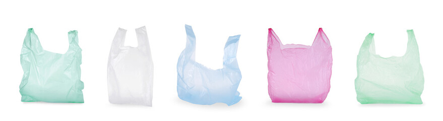 Empty plastic bags on white background, collection