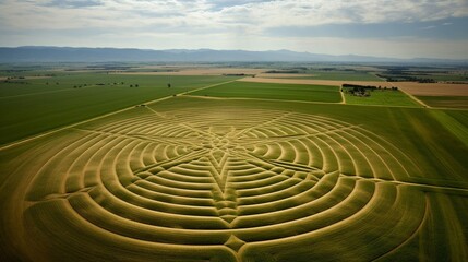 Fototapeta na wymiar A mesmerizing, geometric pattern of crop circles across a vast expanse of farmland.