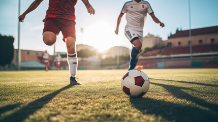 Soccer player in action on the field at sunset. Football concept - obrazy, fototapety, plakaty