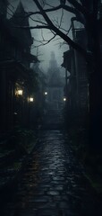 Dark Academia aesthetic collage, dim green black moon landscape, gothic architecture Vintage study room with classic books, quills, and dark wood, Romanticizing life wallpaper background