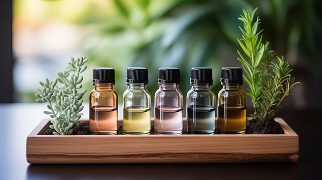 bottle for essential oils, a dark glass container for liquid. Frame with place for text. Concept: sophistication and lightness, banner, packaging mockup with copy space.