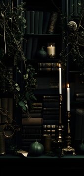 Dark Academia aesthetic collage, dim green black moon landscape, gothic architecture Vintage study room with classic books, quills, and dark wood, Romanticizing life wallpaper background