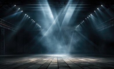 Empty stage with spotlights, smoke and spotlights. Stage background