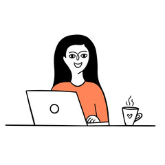 Happy girl character works at the computer.