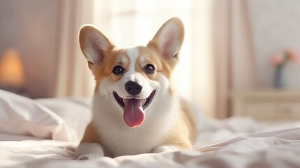 happy portrait corgi puppy lay on the bed,look at the camera