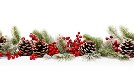Natural christmas border isoleted on white background. Natural, eco-friendly Festive Christmas decoration with red berries, pine cones and green firs isolated on white background.