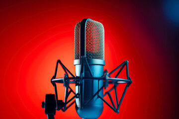 Microphone on a stand against the background of red and blue lights