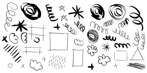 vector strokes and curly lines collection. Hand drawn scribbled banners with noisy texture. Curved smears. Scrawl elements isolated on white background.