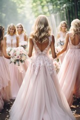 Bridesmaids in pink dresses and bride holding beautiful bouquets