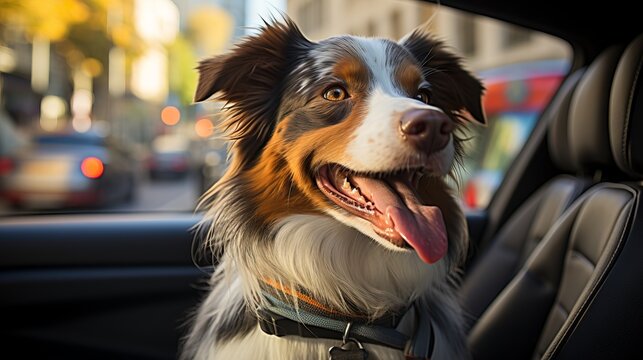 A cute dog in a car sits on the window seat, waiting for its owner. Moving animals in a car, caring for and traveling with a puppy in transport
