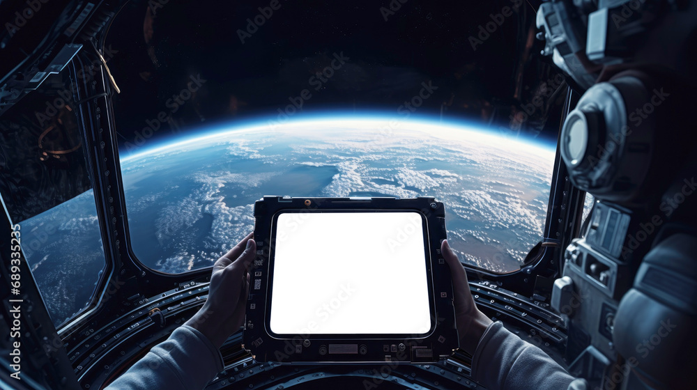 Canvas Prints astronaut holding tablet mockup in spaceship
