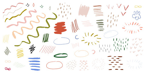 vector strokes and curly lines collection. Hand drawn scribbled banners with noisy texture. Curved smears. Scrawl elements isolated on white background.