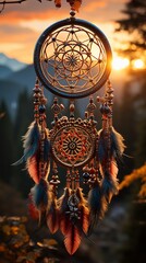 An intricate dreamcatcher bathed in the golden hues of a mountain sunset, its beads shimmering, a powerful ethnic amulet against the canvas of nature.