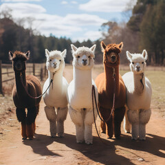 **5 alpacas on a ranch: two alpacas are white, one alpaca is black and white with brown spots, one alpaca is grey and white, one alpaca is rose grey and white; shot with sony a7riii using 200mm, reali