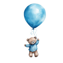 A teddy bear holding a blue balloon