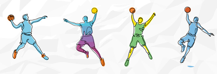 Basketball-Fever: Lineart Vektorgrafik-Bundle von Basketballspielern in bunten Outfits © Nico Ladewig