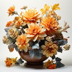 A vase filled with orange and yellow flowers