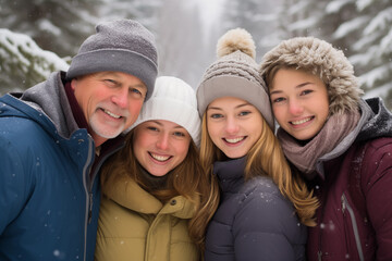 Fototapeta premium happy family in wintery outdoor with snowy background