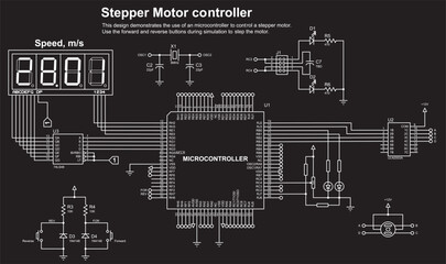 Schematic diagram of electronic device with motor 
operating under the control of a microcontroller.
Vector drawing electrical circuit with button, controller, lcd display
and electronic components.