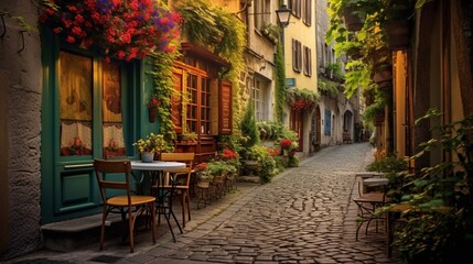 A quaint, European-style cobblestone alleyway adorned with colorful shutters, flower-filled window boxes, and cozy cafes. - obrazy, fototapety, plakaty