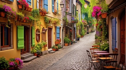 A quaint, European-style cobblestone alleyway adorned with colorful shutters, flower-filled window boxes, and cozy cafes.