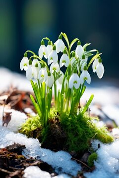 Fototapeta A bunch of first spring flowers - snowdrops in the snow