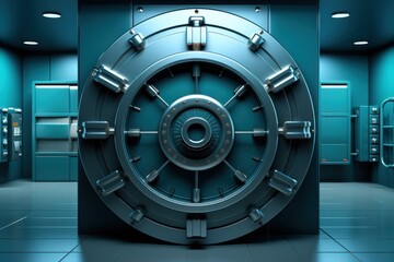 Bank vault realistic composition with view of safe storage entrance with massive circle shaped locking door - obrazy, fototapety, plakaty