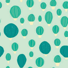 Seamless pattern, solid colours, vector illustration of simple, fun and quirky cacti