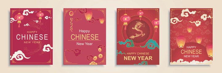Happy Chinese New Year 2024 cover brochure set in flat design. Poster templates with lanterns, gold zodiac Dragon, clouds, coins, other Chine symbols and traditional decorations. Vector illustration. - obrazy, fototapety, plakaty