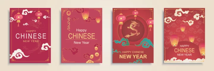Fotobehang Happy Chinese New Year 2024 cover brochure set in flat design. Poster templates with lanterns, gold zodiac Dragon, clouds, coins, other Chine symbols and traditional decorations. Vector illustration. © alexdndz
