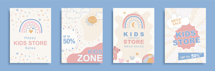 Kids store sale cover brochure set in flat design. Poster templates with discount promotion and special offer cards with cute hand drawn rainbows for clearance in children shop. Vector illustration. - obrazy, fototapety, plakaty