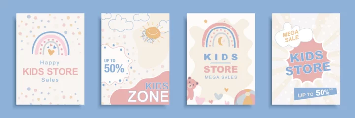 Tuinposter Kids store sale cover brochure set in flat design. Poster templates with discount promotion and special offer cards with cute hand drawn rainbows for clearance in children shop. Vector illustration. © alexdndz
