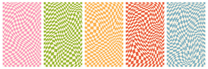 A set of groovy backgrounds and checkered posters. Distorted and twisted patterns. Prisychedelic vibes of hippie and 60's and 70's. Vector illustration. - obrazy, fototapety, plakaty
