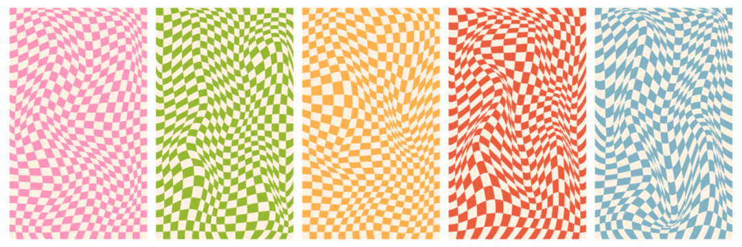 A set of groovy backgrounds and checkered posters. Distorted and twisted patterns. Prisychedelic vibes of hippie and 60's and 70's. Vector illustration.