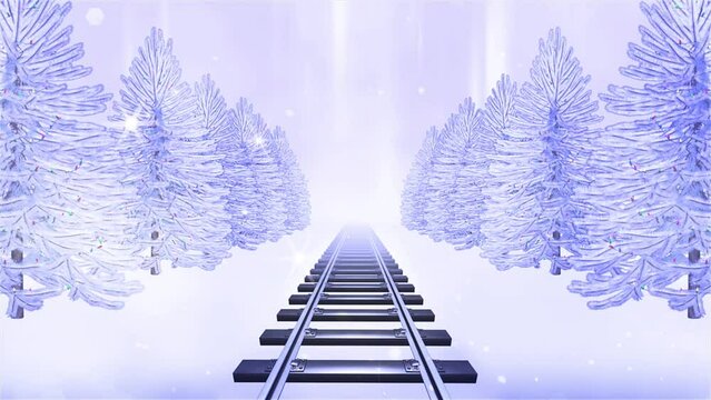 Snowy Railroad in Winter Spruce Forest - Passing Loop - Front View - Artistic 3D animation