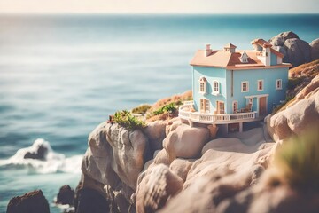 a whimsical miniature house placed on a rocky cliff by the sea, overlooking a vast and tranquil...