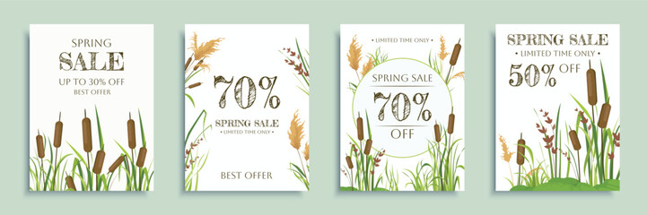 Spring sale cover brochure set in flat design. Poster templates with discount promotions and special offer cards with reed plants and rushes foliage, fresh grass and cattails. Vector illustration. - obrazy, fototapety, plakaty