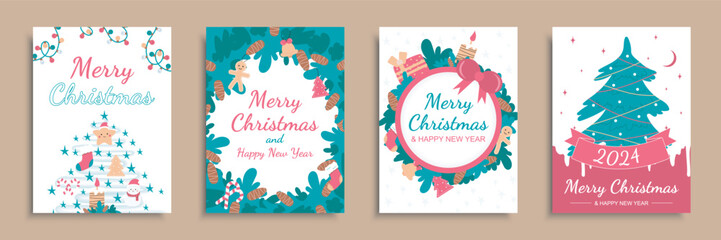 Fototapeta na wymiar Merry Christmas 2024 cover brochure set in flat design. Poster templates with festive trees with toys, socks and cookies, garland lights, fir wreath with pine cones, other decors. Vector illustration.