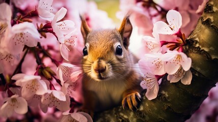 A curious squirrel peering out from behind a blossoming magnolia tree.