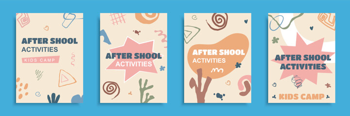 After school activities cover brochure set in flat design. Poster templates with cute symbols shapes print for kids camps, learning programs, creativity workshops, hobby classes. Vector illustration - obrazy, fototapety, plakaty